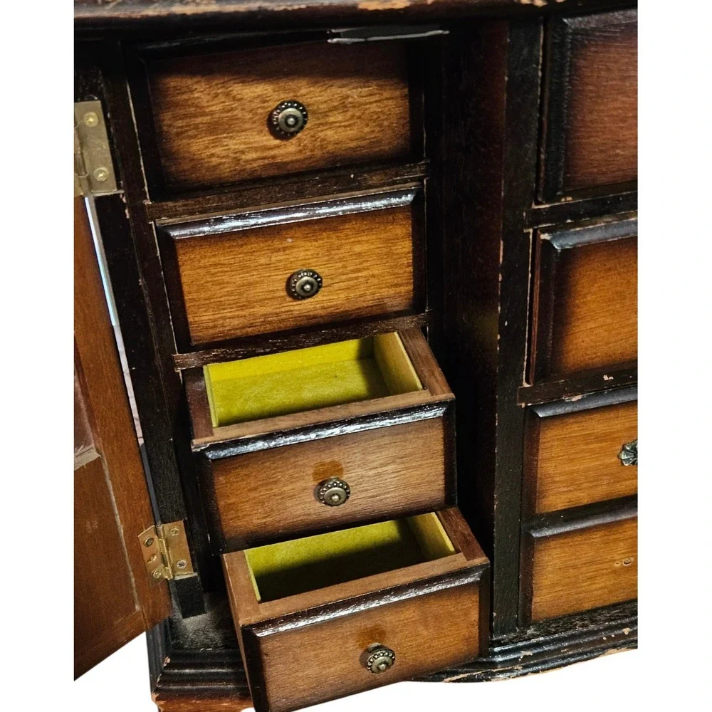 Vintage MCM Wooden Jewelry Armoire Etched Glass Doors & 4 Drawers Dresser 10.5
